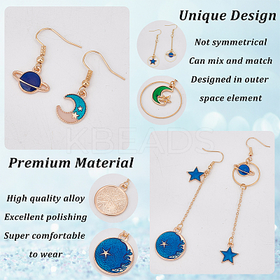 9 Pairs 9 Style Rhinestone Sun & Moon & Star & Planet Enamel Asymmetrical Earrings EJEW-AN0002-14-1