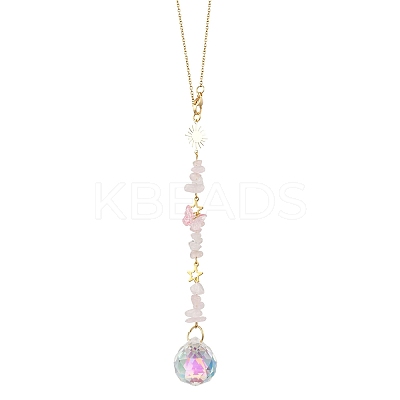 Round Glass & Natural Rose Quartz Chips Hanging Suncatchers HJEW-JM04209-03-1
