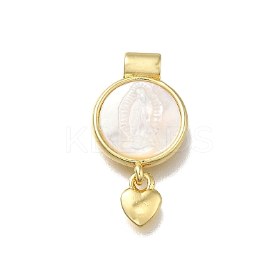 Brass Pave Natural White Shell Flat Round with Heart Pendants KK-C090-37G-1