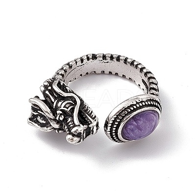 Dragon Head Natural Charoite Cuff Rings RJEW-G273-03AS-03-1