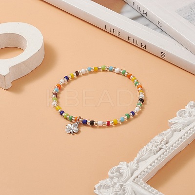 Colorful Seed Beaded Stretch Bracelet with Brass Charms for Women BJEW-JB09218-02-1