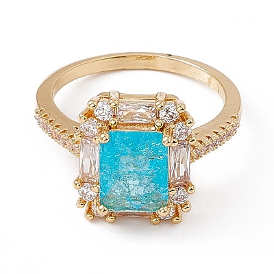Deep Sky Blue Glass Rectangle Finger Ring with Cubic Zirconia RJEW-J017-VC500-1