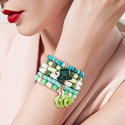 11Pcs 11 Style Alloy Enamel Clover & Cloth Flower Tassel Charm Stretch Bracelets Set BJEW-SW00101-1