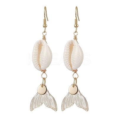 Natural Cowrie Shell Glass Dangle Earrings EJEW-JE06385-06-1