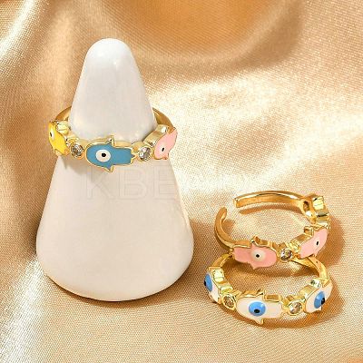 Brass Micro Pave Clear Cubic Zirconia Enamel Cuff Rings for Women RJEW-L113-038G-1