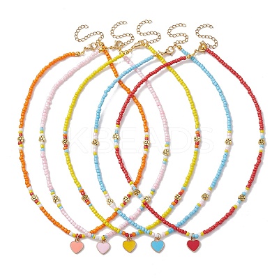 Alloy Enamel Heart Pendant Necklace with Glass Seed Beaded NJEW-JN04641-1