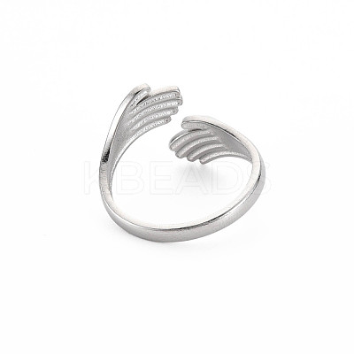 Non-Tarnish 304 Stainless Steel Double Hand Hug Open Cuff Ring for Women RJEW-S405-199P-1