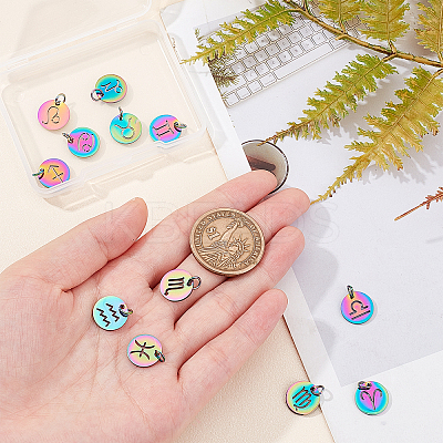 12Pcs Rainbow Color Ion Plating(IP) 201 Stainless Steel Charms STAS-UN0032-35-1