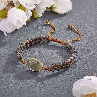 Natural Labradorite Teardrop Link Braided Bead Bracelet BJEW-SZ0002-54C-1