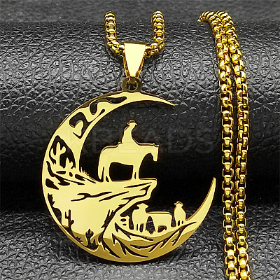 201 Stainless Steel Hollow Cut Cowboy Moon Pendant Necklaces LS-NJEW-H065-26G-1