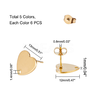 30Pcs 5 Colors Heart Shape PVD Vacuum Plating 304 Stainless Steel Stud Earring Findings EJEW-UN0001-63-1