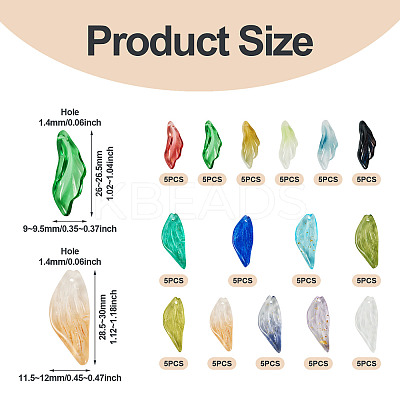 75Pcs 15 Colors Transparent Glass Leaf Pendants GLAA-TA0003-30-1