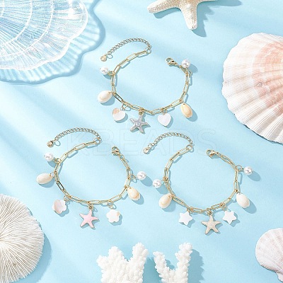 3Pcs 3 Colors Natural Freshwater Shell Beads & Alloy Enamel Charm Bracelets BJEW-JB12214-1