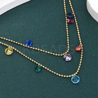 304 Stainless Steel Ball Chain Colorful Cubic Zirconia Flat Round Tassel Double Layer Necklaces for Women LS-NJEW-A051-05G-1