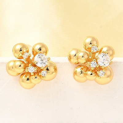 Flower Brass Micro Pave Clear Cubic Zirconia Stud Earrings EJEW-B148-01G-1