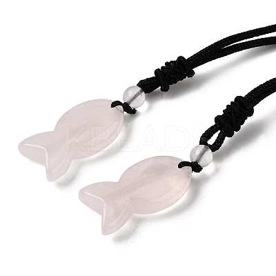 Natural Rose Quartz Fish Pendant Black Nylon Cord Necklaces NJEW-G185-01G-1