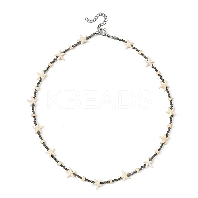 Ocean Faceted Round Natural Gold Pyrite & Synthetic Turquoise Starfish Beaded Necklaces NJEW-JN06308-1