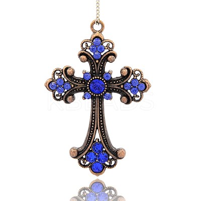 Nickel Free Red Copper Tone Alloy Rhinestone Budded Cross Big Pendants RB-J141-05R-NF-1
