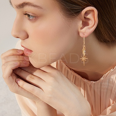 Star Brass Dangle Huggie Hoop Earrings EJEW-SW00001-06-1