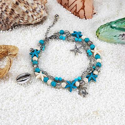 Synthetic Turquoise Beads Multi-strand Anklet AJEW-SW00008-1