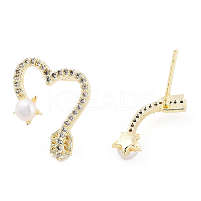 Clear Cubic Zirconia Arrow & Heart Asymmetrical Earrings with Natural Pearl Beaded EJEW-T019-06G-1