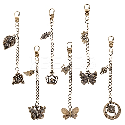 6Pcs 6 Style Tibetan Style Alloy Keychains AJEW-WR0001-27-1