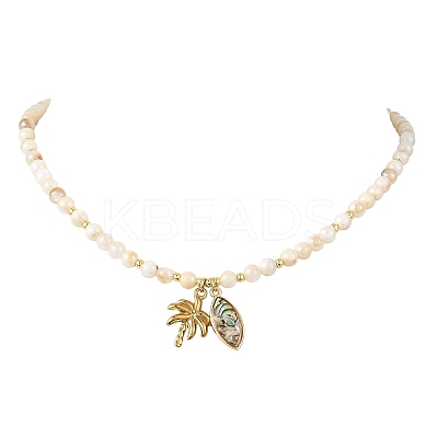 Ocean 304 Stainless Steel Coconut Tree and Brass Enamel Horse Eye Pendant AB Color Natural Freshwater Shell Round Beaded Necklaces NJEW-JN06320-1