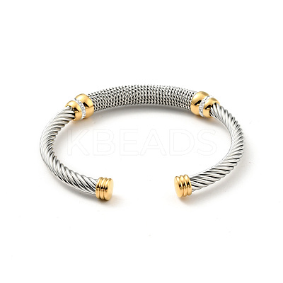 304 Stainless Steel Twist Rope Shape Open Cuff Bangle with Rhinestone for Women BJEW-D449-01GP-01-1