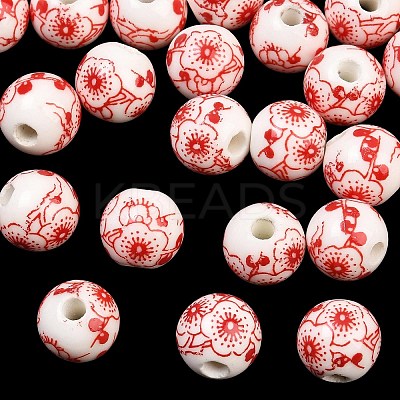 Floral Printed Porcelain Beads PORC-Q202-10mm-1-1