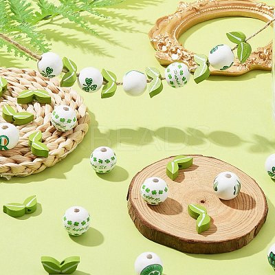 40Pcs 4 Styles Saint Patrick's Day Theme Spray Painted Natural Wood Beads WOOD-FS0001-13-1