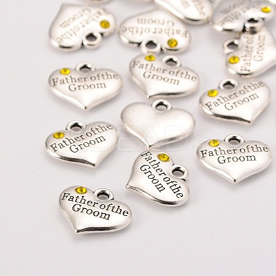 Wedding Theme Antique Silver Tone Tibetan Style Heart with Father of the Groom Rhinestone Charms TIBEP-N005-13B-1