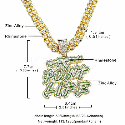Hiphop Style Zinc Alloy Full Crystal Rhinestone Enamel Green Word Point Life Pendant Cuban Link Chain Necklaces for Men WG9A8ED-01-1