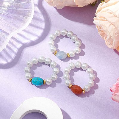 Oval Synthetic Turquoise & Natural Red Aventurine & Aquamarine Beaded Finger Rings RJEW-JR00768-1