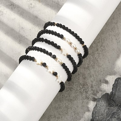 5Pcs 5 Style Natural Lava Rock & Pearl & Shell Star Beaded Stretch Bracelets Set BJEW-JB09495-03-1