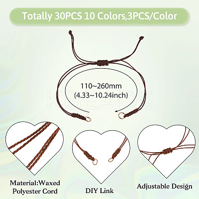 30Pcs 10 Styles Adjustable Waxed Polyester Cord Bracelet Making AJEW-TAC00052-1