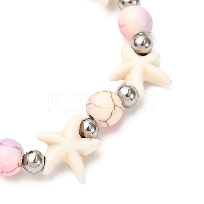 5Pcs Round & Starfish Synthetic Turquoise Beads & Brass Beads Stretch Bracelets Sets BJEW-JB12417-1