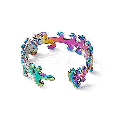 Ion Plating(IP) 304 Stainless Steel Leafy Branch Wrap Open Cuff Ring for Women RJEW-C045-20M-1