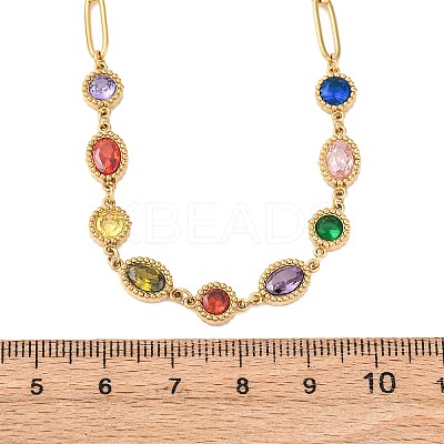 304 Stainless Steel Colorful Cubic Zirconia Flat Round Oval Link Chain Necklaces for Women LS-NJEW-A051-06G-1