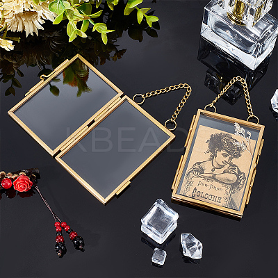 Rectangle Mini Brass Wall Hanging Photo Frame for Pressed Flower with Chain ODIS-WH0061-05AG-1