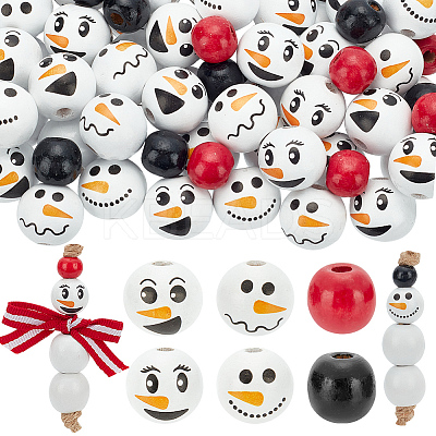 180Pcs 6 Styles Christmas Snowman Print Wood European Beads WOOD-PH0003-03B-1