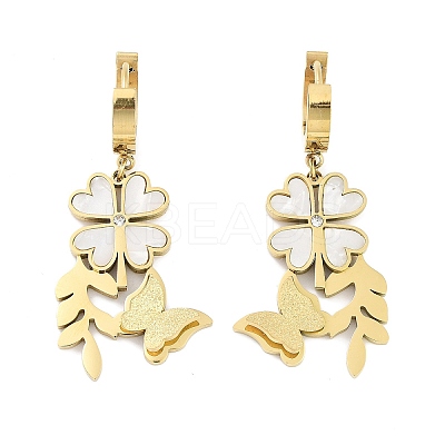 Left and Right Clover & Texture Butterfly 304 Stainless Steel Shell Dangle Earrings EJEW-L283-075G-1