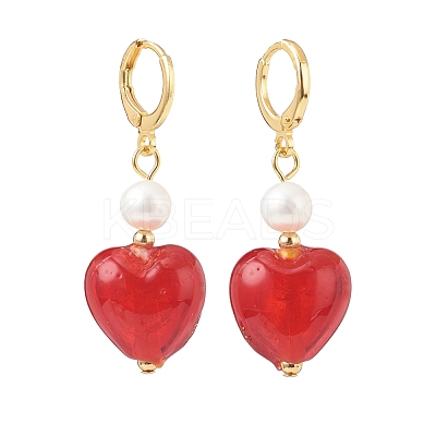 Red Glass Heart with Natural Pearl Dangle Leverback Earrings EJEW-TA00129-1
