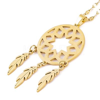 Woven Net/Web with Feather 201 Stainless Steel Boho Pendant Necklaces for Women NJEW-G087-06G-1