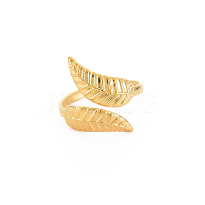 Ion Plating(IP) 304 Stainless Steel Leaf Open Cuff Ring for Women RJEW-S405-175G-1