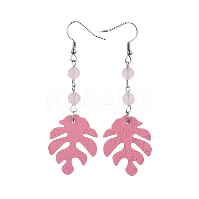 Tropical Theme Monstera Leaf Poplar Wood Dangle Earrings EJEW-JE03357-1