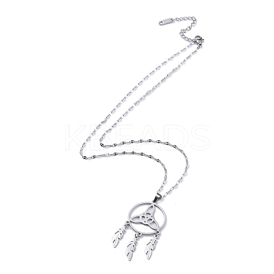 Non-Tarnish Triquetra/Trinity Knot with Woven Net/Web with Feather Pendant Necklaces NJEW-C042-03P-1
