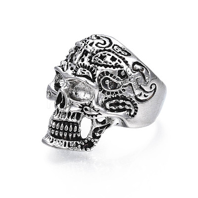 Gothic Punk Skull Alloy Open Cuff Ring for Men Women RJEW-T009-62AS-1
