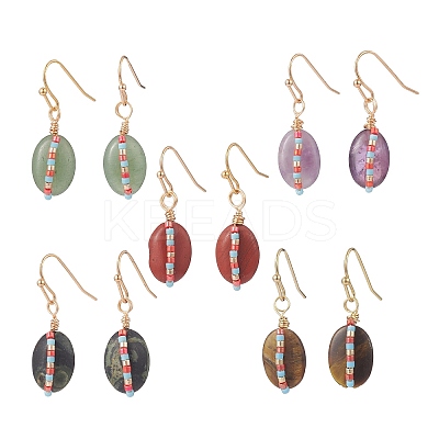 5 Pair 5 Style Natural Mixed Gemstone & Glass Seed Braided Oval Dangle Earrings Set EJEW-JE05119-1