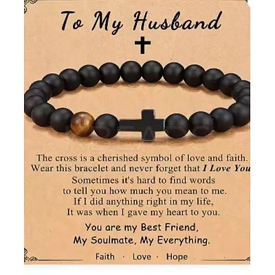 Cross Natural Tiger Eye & Frosted Black Obsidian Round Beads Stretch Bracelets for Men Women WG92FBF-10-1