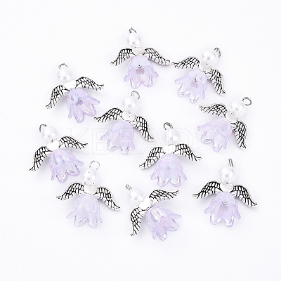 10Pcs Acrylic & Imitation Pearl Flower Angel Pendants PALLOY-YW00055-01-1